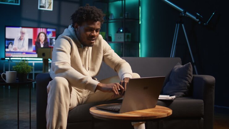 Confident young man solving daily tasks on a freelance platform at home, answering emails and multitasking. Person staying connected and enjoying the flexibility of working remotely. Camera B.