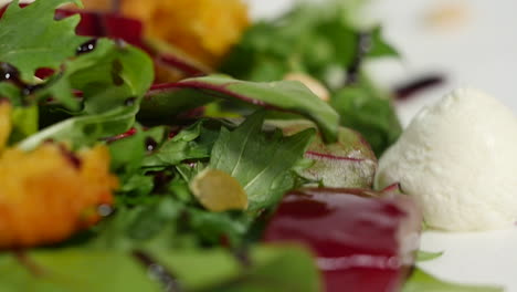 close-up of a beet and cornbread salad