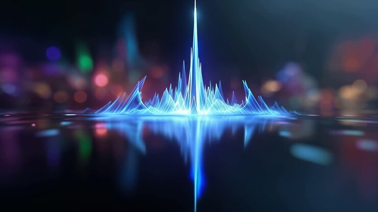 Pulserende blå digital bølgeform-equalizer med bokeh-baggrund