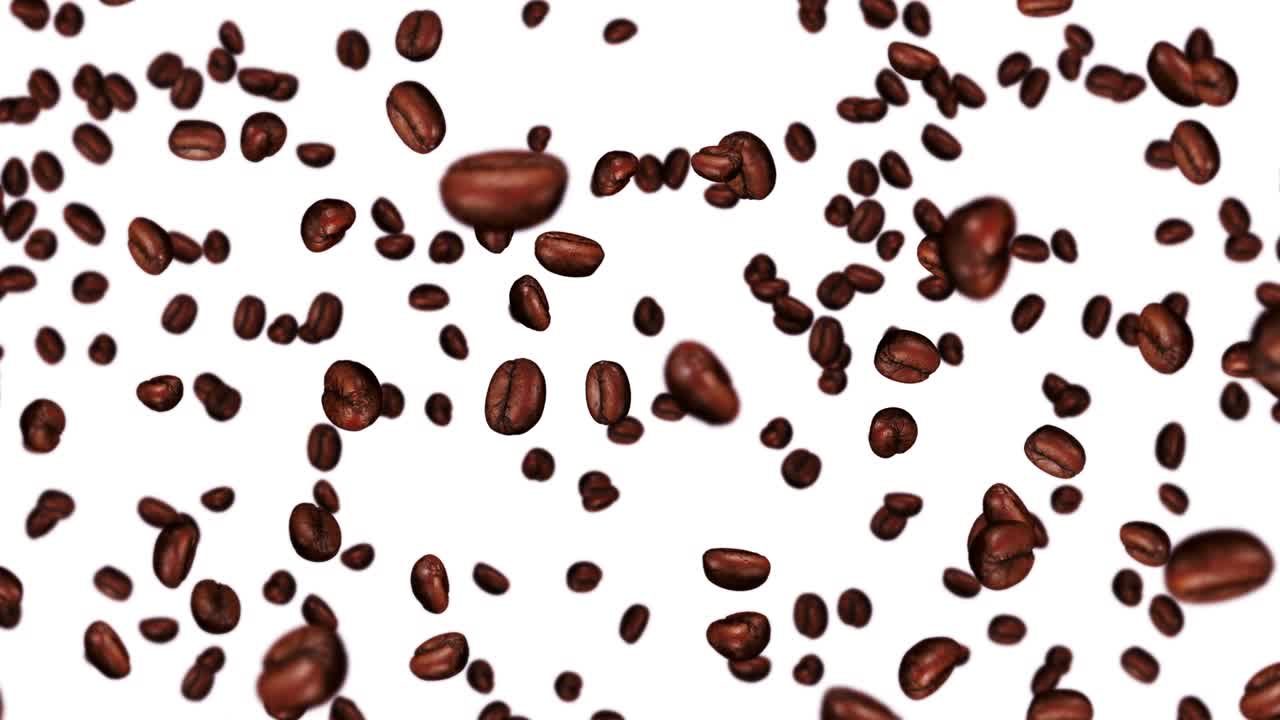 Molti chicchi di caffè che volano su sfondo bianco. Bevanda alla caffeina, Colazione, Aroma. Animazione 3D di chicchi di caffè tostati che ruotano. Animazione in loop