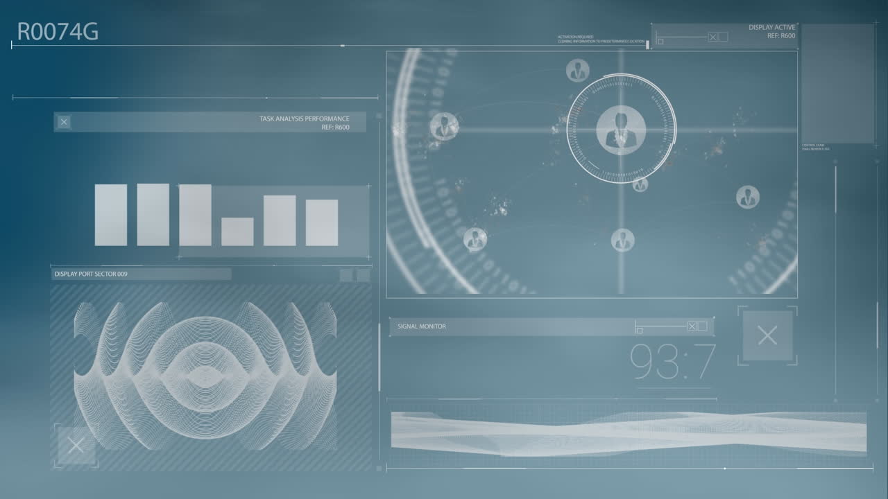 파란색 흐릿한 배경에 대한 데이터 처리 인터페이스의 애니메이션