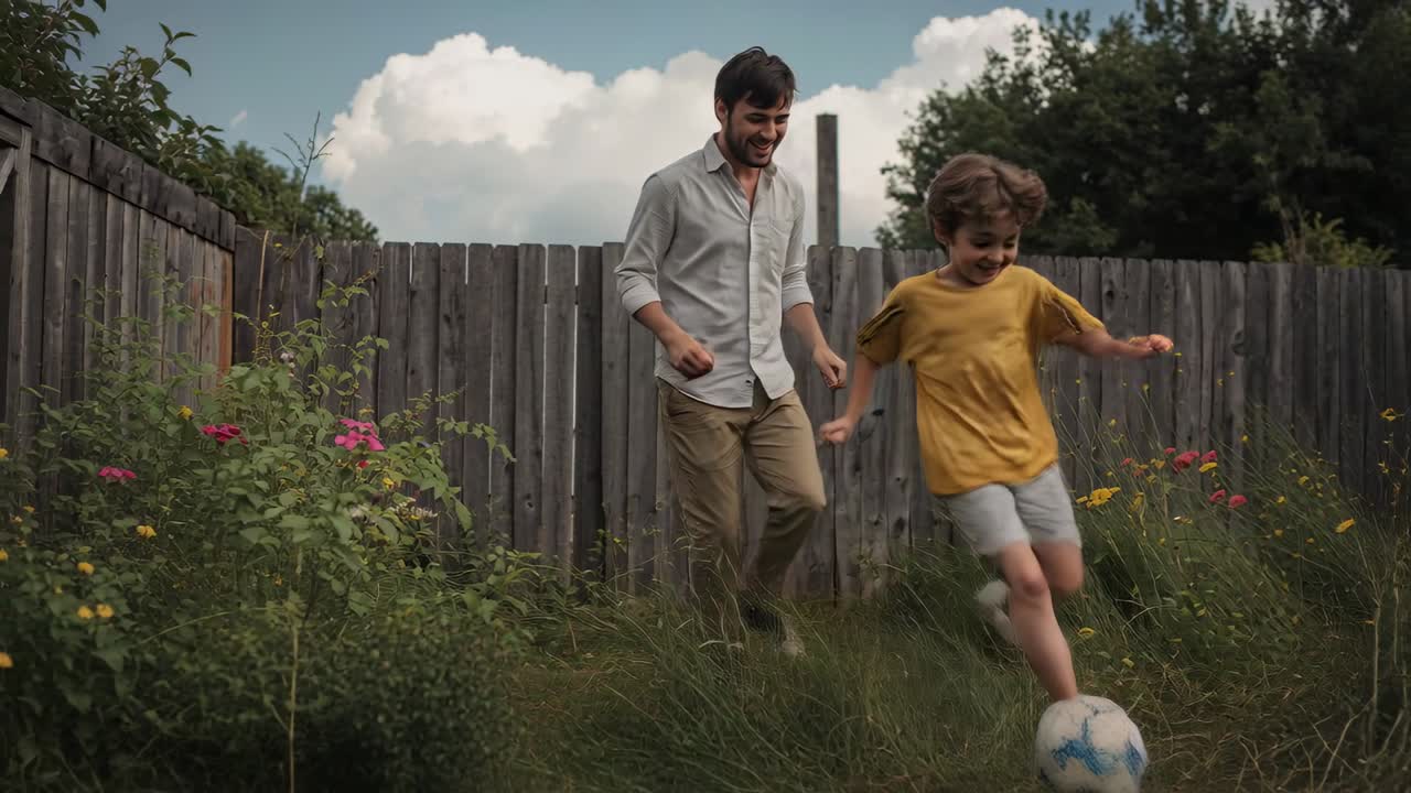 Nudging father in light shirt guiding son in yellow tee toward soccer ball, teaching dribbling