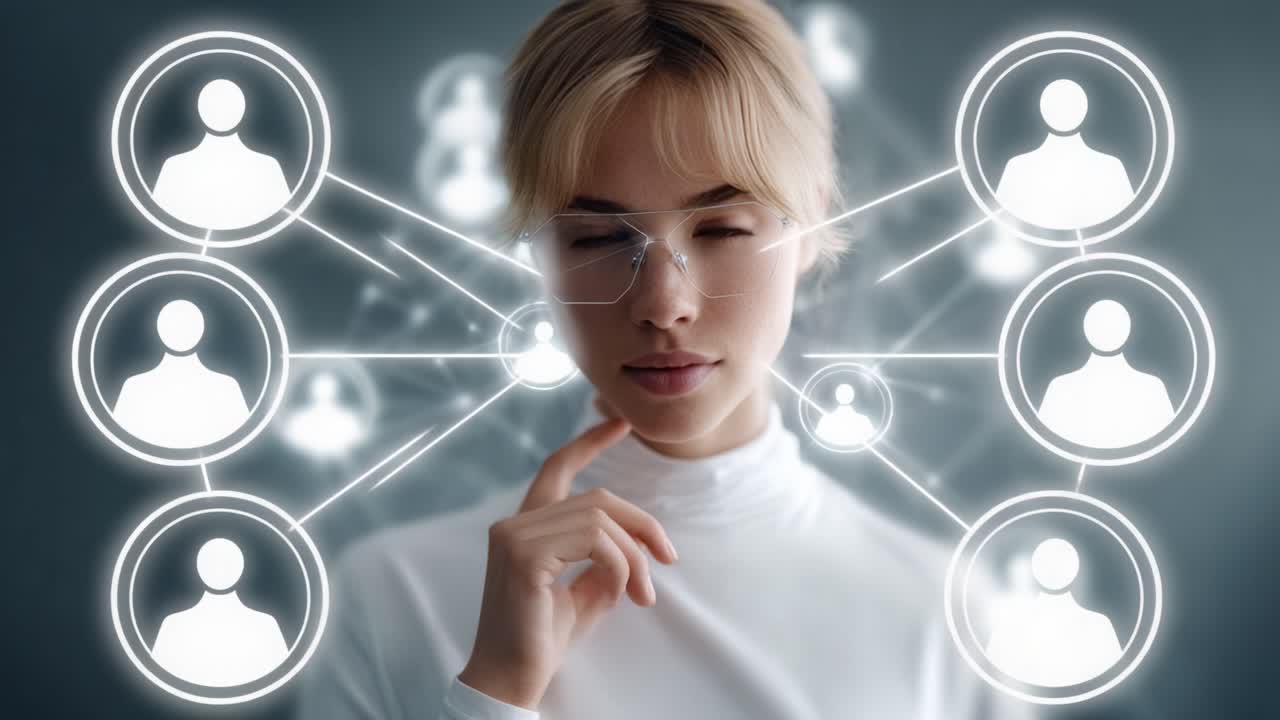 Una giovane donna impegnata nella comunicazione digitale concettuale, che riflette su connessioni e reti rappresentate da icone utente luminose e interconnesse in un design moderno