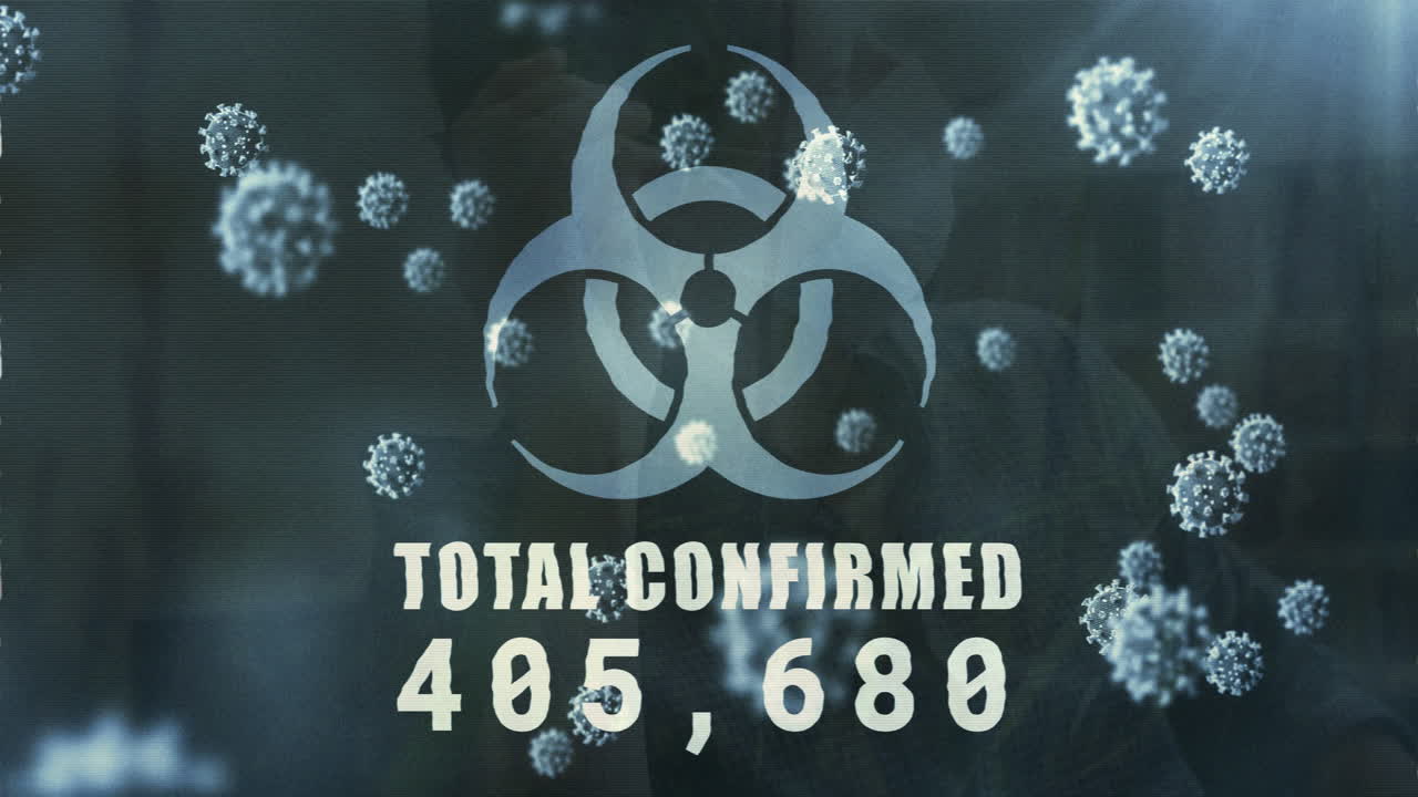 생물학적 위험 기호의 애니메이션과 백인 여성에 대한 바이러스 세포의 총 확인된 숫자