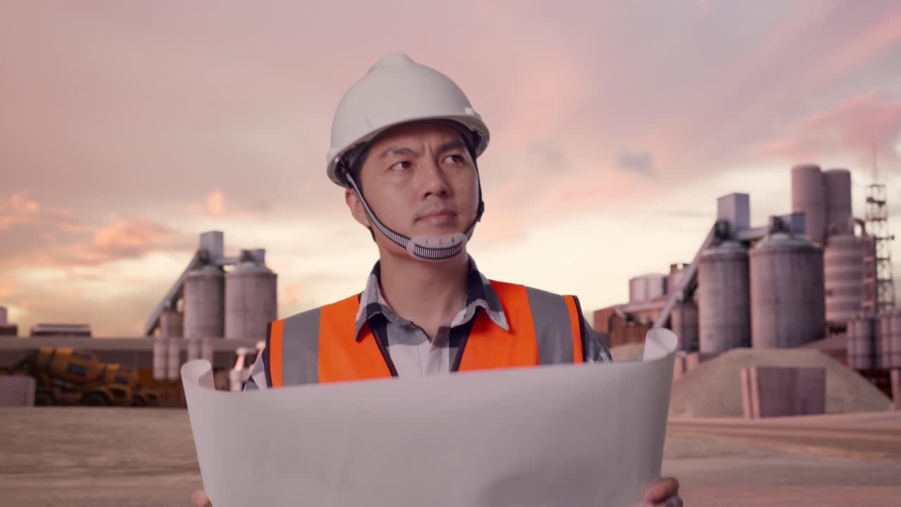 Vista frontal de um engenheiro asiático examinando uma planta baixa em suas mãos enquanto caminha em uma fábrica de cimento industrial ao pôr do sol.