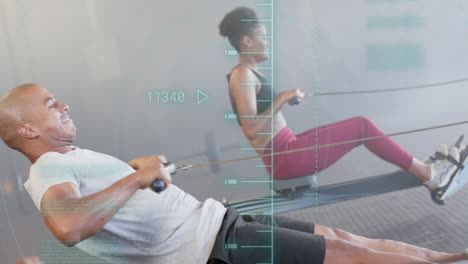 animation of processing data over diverse group training on rowing machines at gym