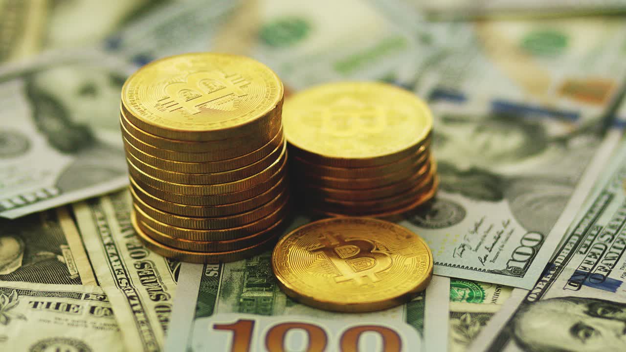 Golden bitcoins and banknotes