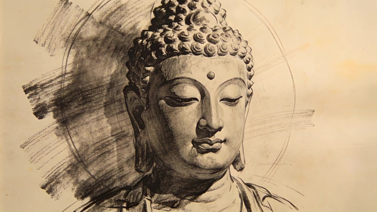 Telecamera in movimento che rivela un busto di Buddha a carboncino su carta beige in studio per mostrare alone e sbavatura.
