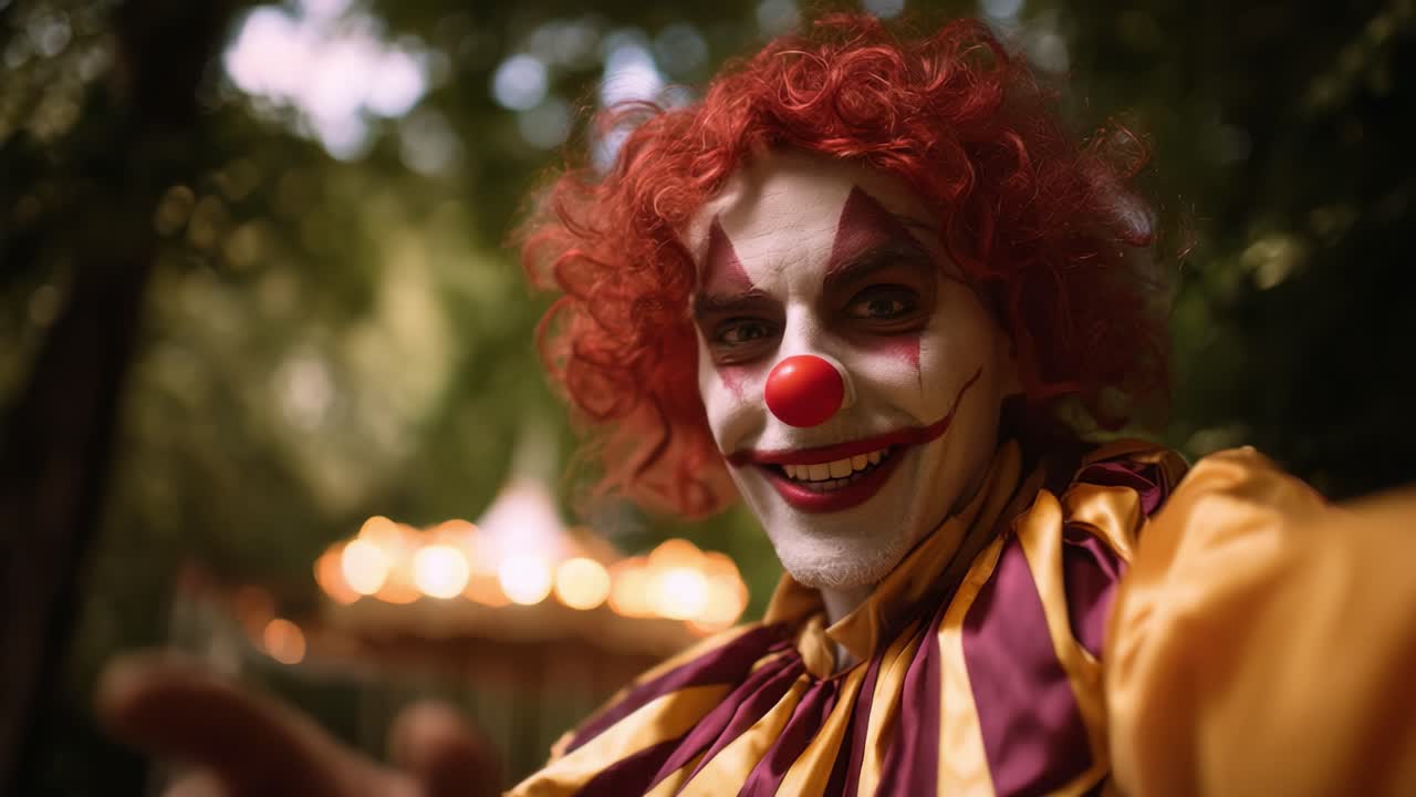 Un clown colorato che posa allegramente in una foresta stravagante, enfatizzando l'espressione gioiosa e l'atmosfera giocosa di un ambiente carnevalesco immerso nella natura