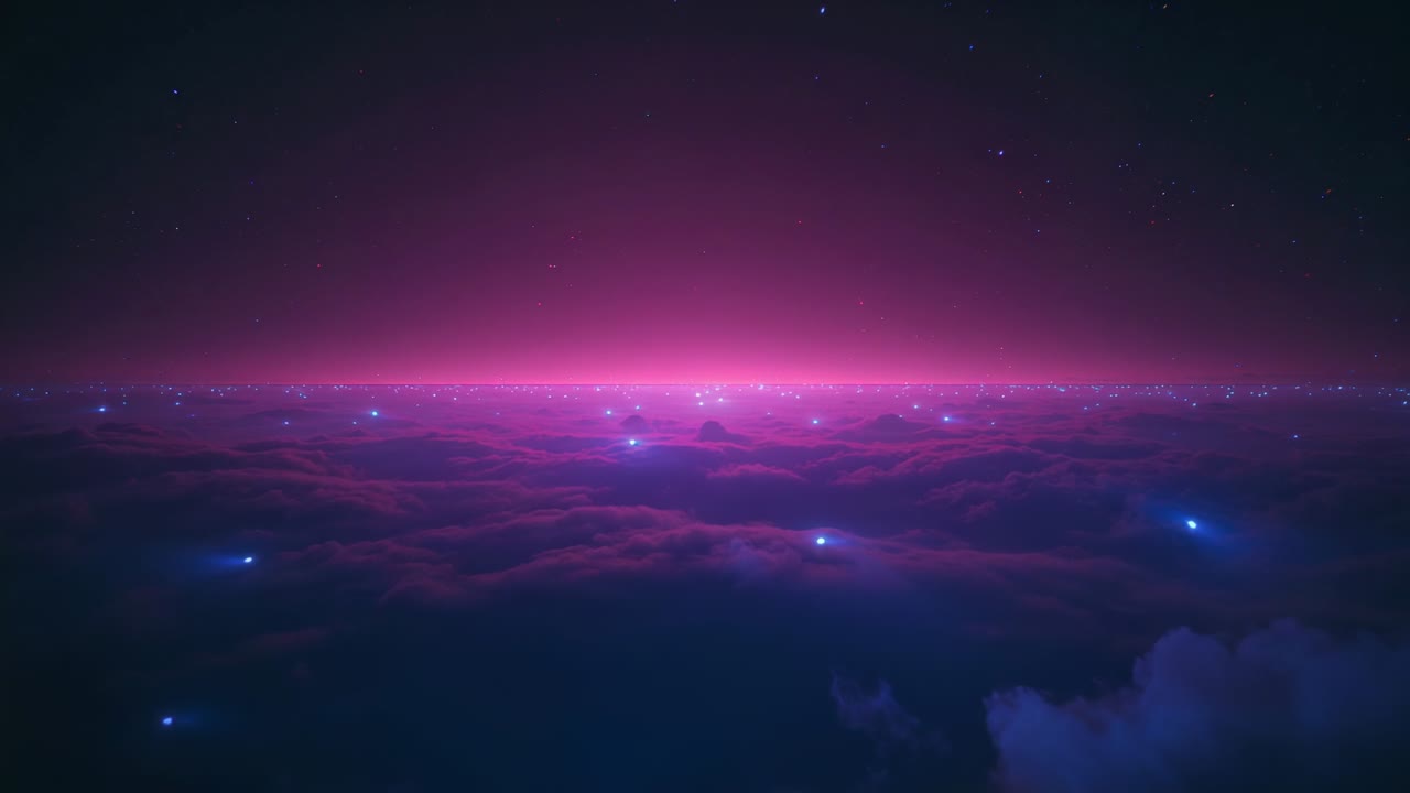 Opening view above clouds showing pulsing blue lights amid stars, neon pink horizon intensifying