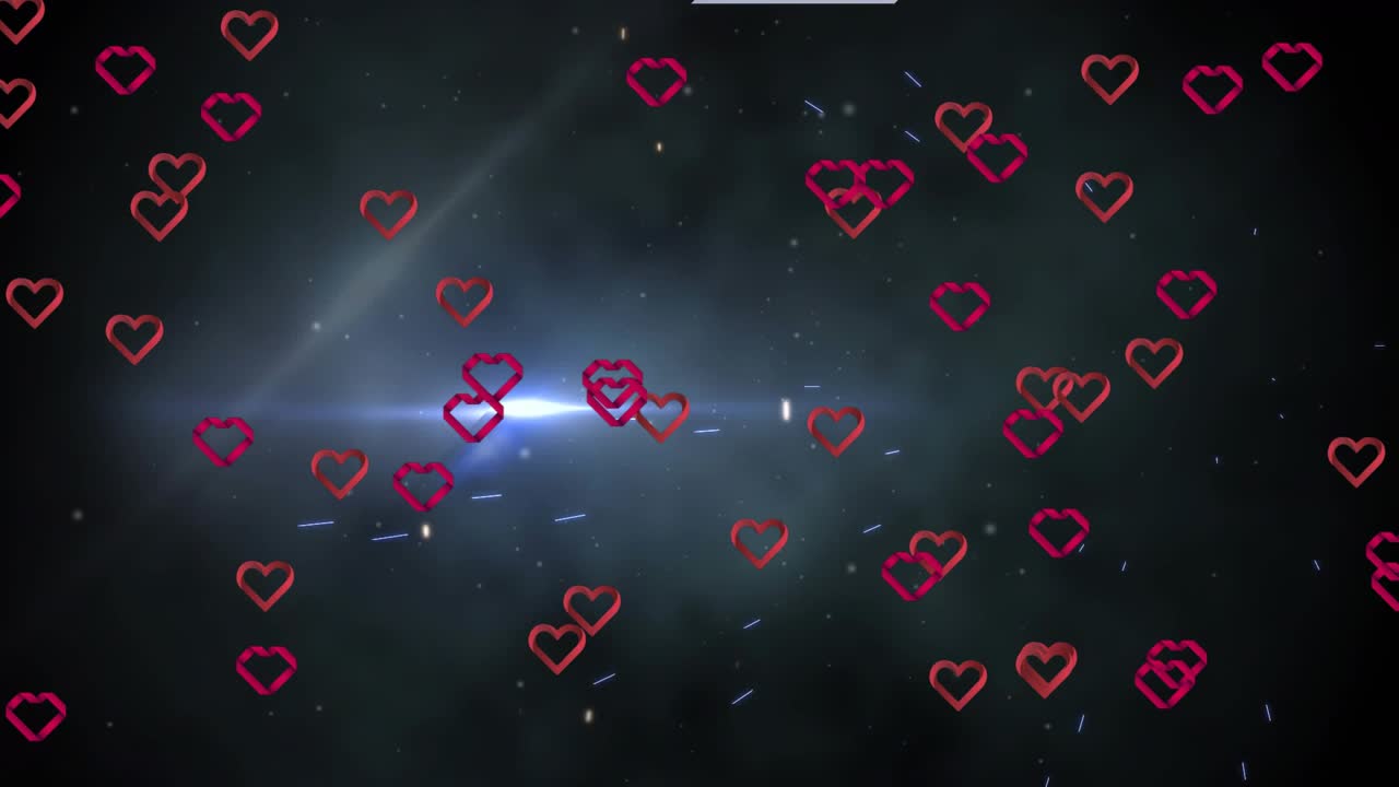 Lightning streaks flashing across starfield sparking hearts drifting around flare representing love