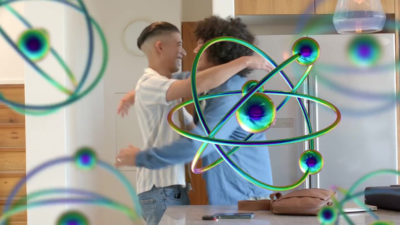 Two roommates entering carrying bags, unpacking while tech 3D atom graphic overlaying frames
