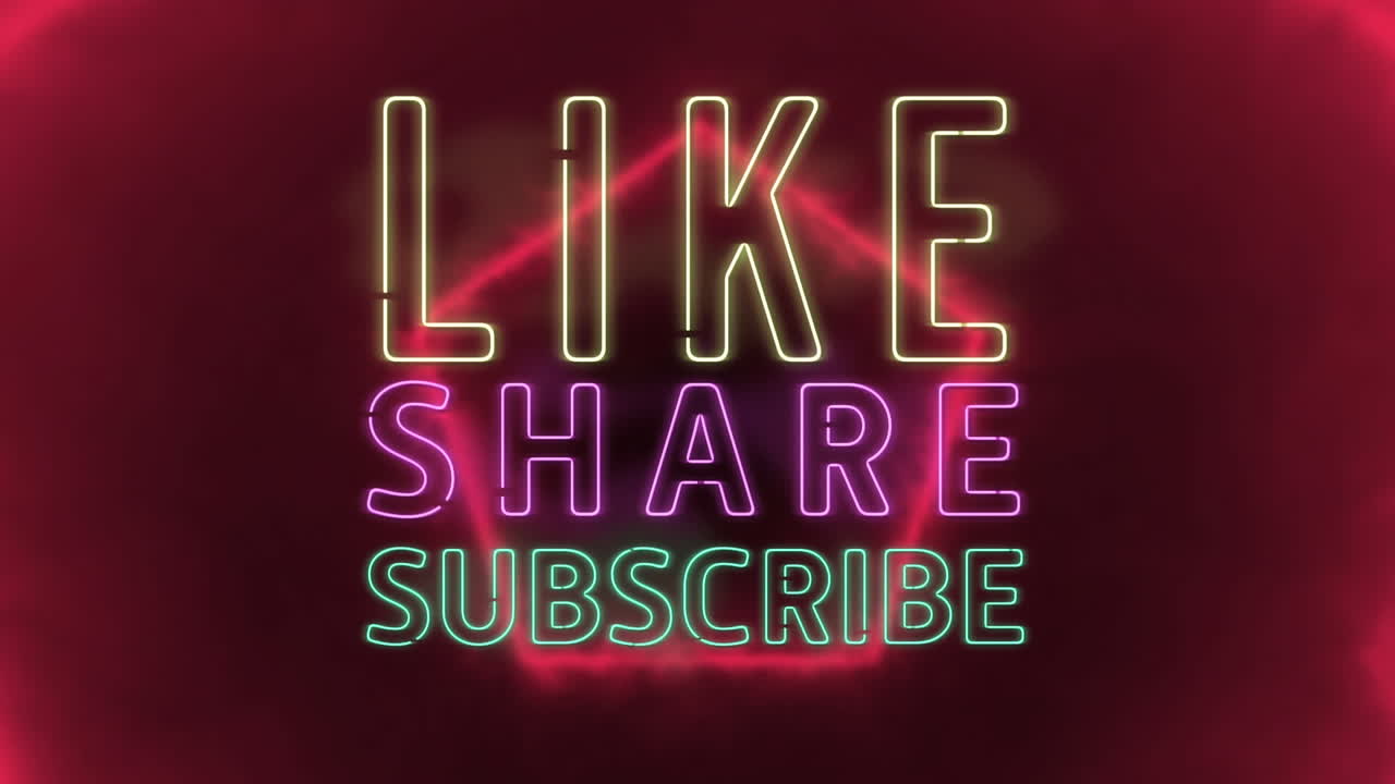 Like share subscribe written in flashing neon with colorful hexagon outlines on black background