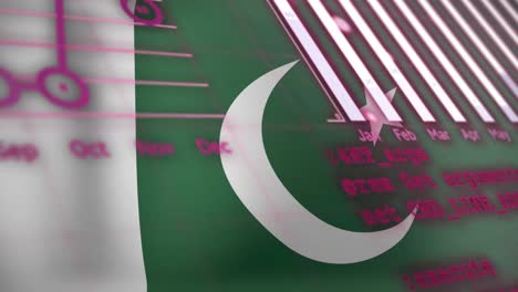 animation of statistical data processing against waving pakistan flag background