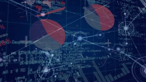 animation of network of connections and data processing over grid network on blue background