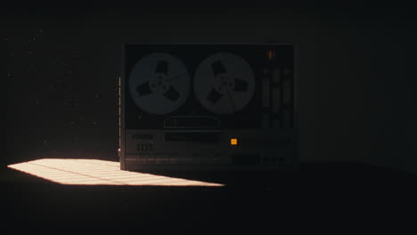 a vintage tape recorder spinning spools in a red blinking light