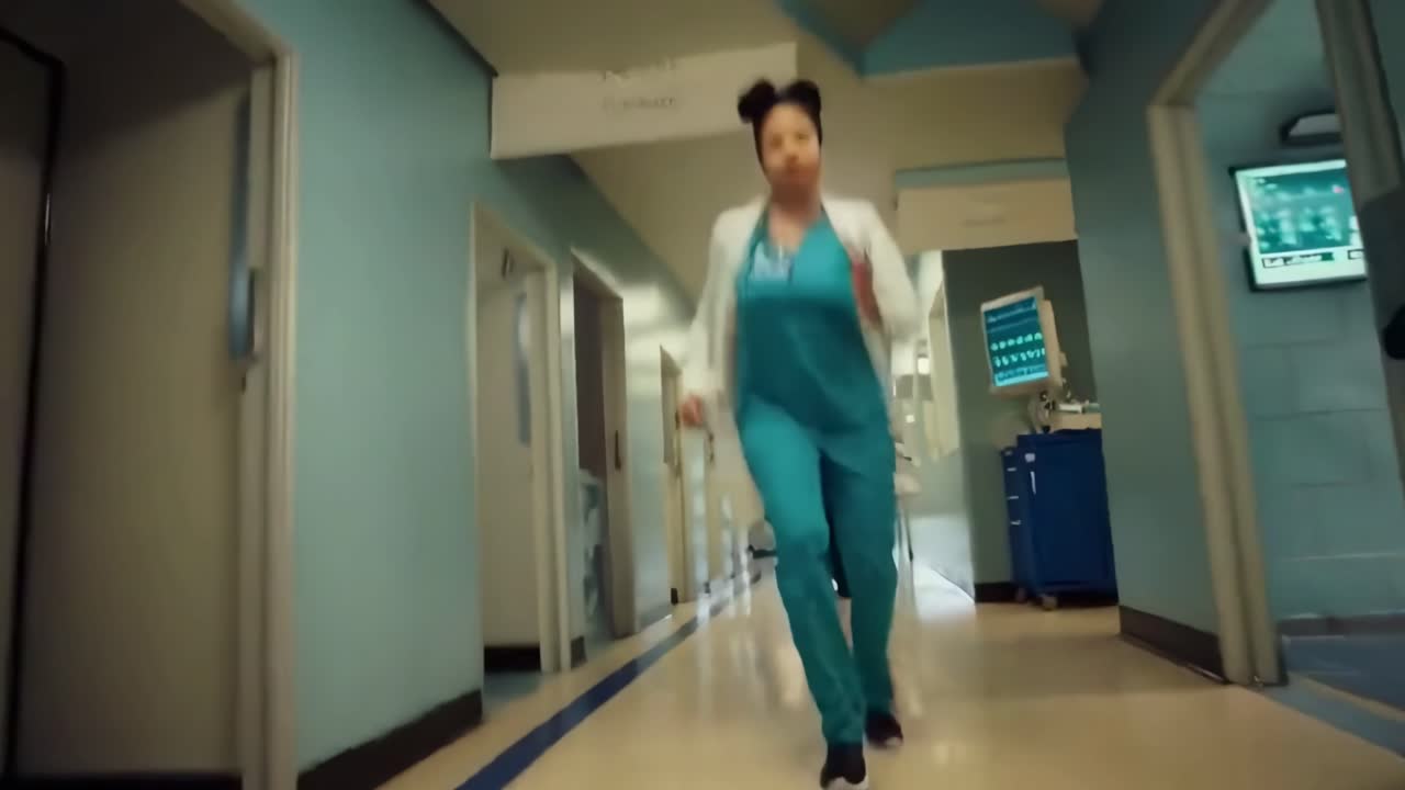 Vídeo dinâmico em ângulo baixo de equipe médica correndo em um corredor de hospital, urgente e intenso