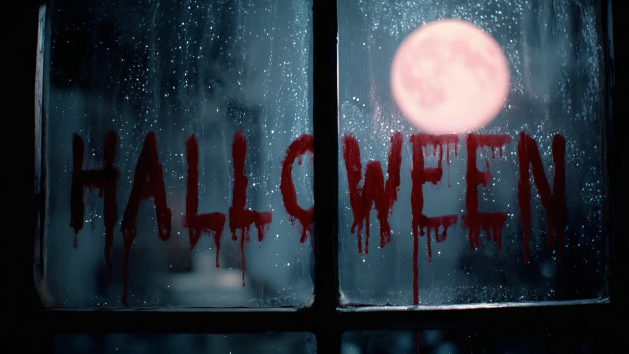 Spooky halloween celebration with the word written in dripping blood on a window during a rainy night with a big pink moon in the background, creating a scary and mysterious atmosphere