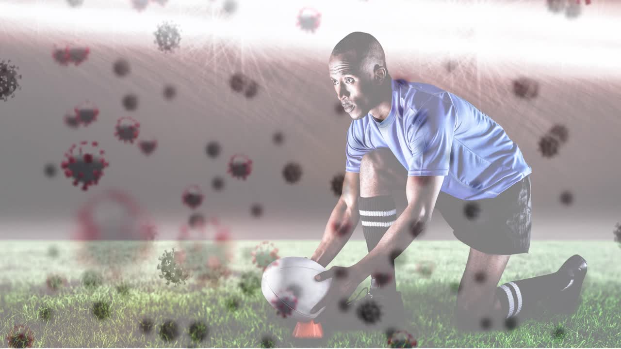 경기장에서 두 인종의 남성 럭비 선수에 대한 바이러스 세포의 애니메이션