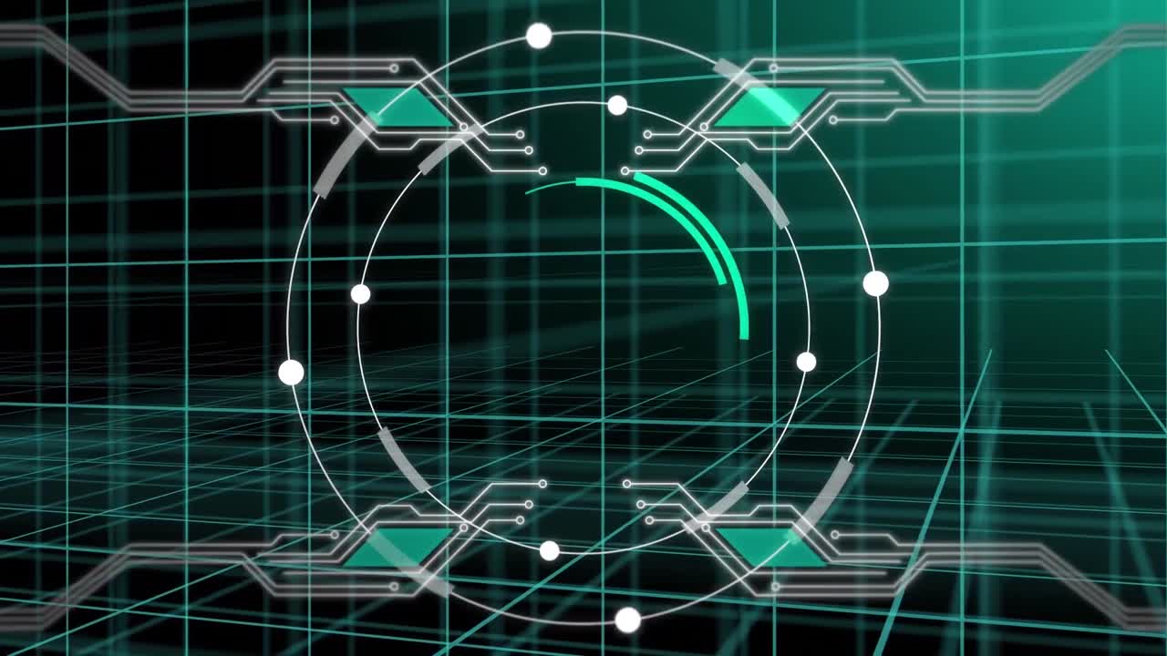 검은색 바탕에 그리드로 데이터를 처리하는 원형 스캐너와 마더보드 회로의 애니메이션