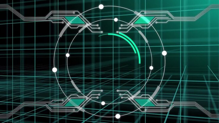 Animation of circular scanner and motherboard circuits processing data over grid on black background