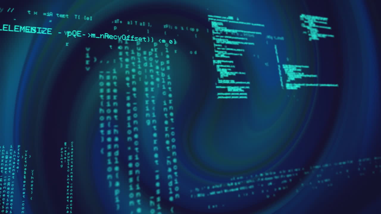 Digital code and data processing animation over swirling blue background