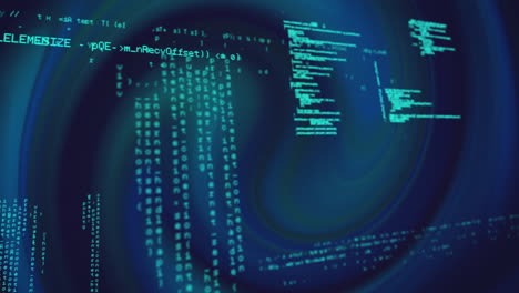 digital code and data processing animation over swirling blue background