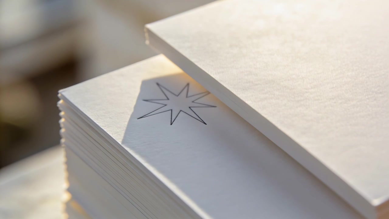 Spostamento del foglio superiore che mostra una stella a otto punte in rilievo su una pila di carta spessa su un tavolo con la luce del sole.