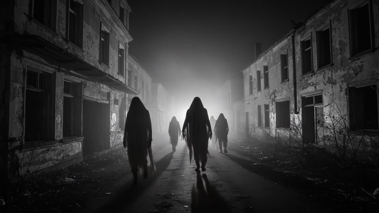 A Haunting Scene Showcasing Mysterious Figures Shrouded in Darkness, Progressing Silently Through an Abandoned Urban Landscape