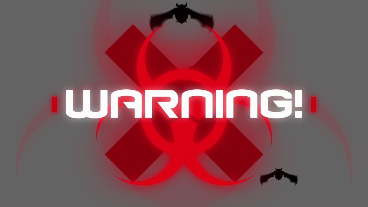animación de la advertencia de texto de covid 19, sobre murciélagos, en gris