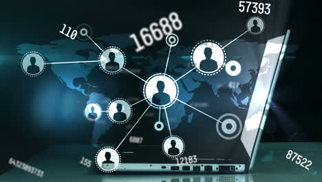 mehrere wechselnde nummern und ein netzwerk von profil-icons gegen eine person, die einen laptop gegen eine weltkarte verwendet