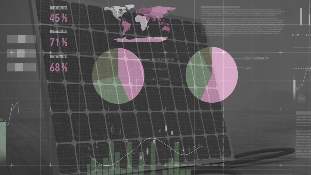 Solar panel with animation of data analytics and world map in digital interface