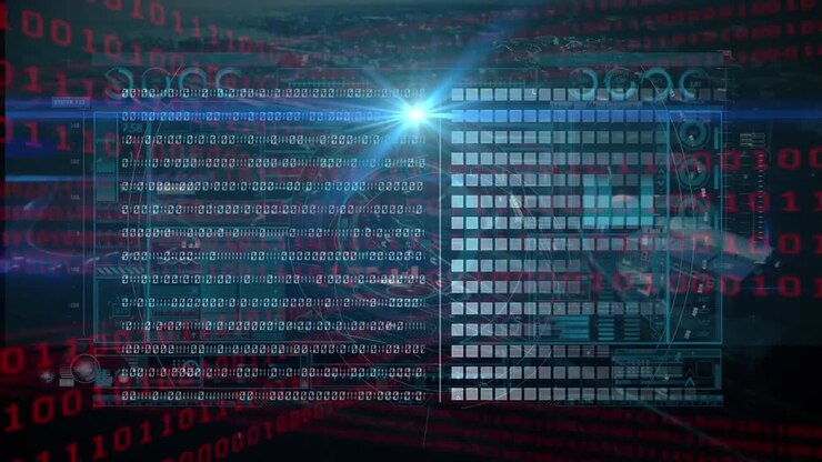 Animation of binary coding, data processing over glowing computer circuit board