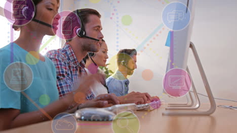 animación de la red de conexiones e iconos sobre personas que usan auriculares de teléfono