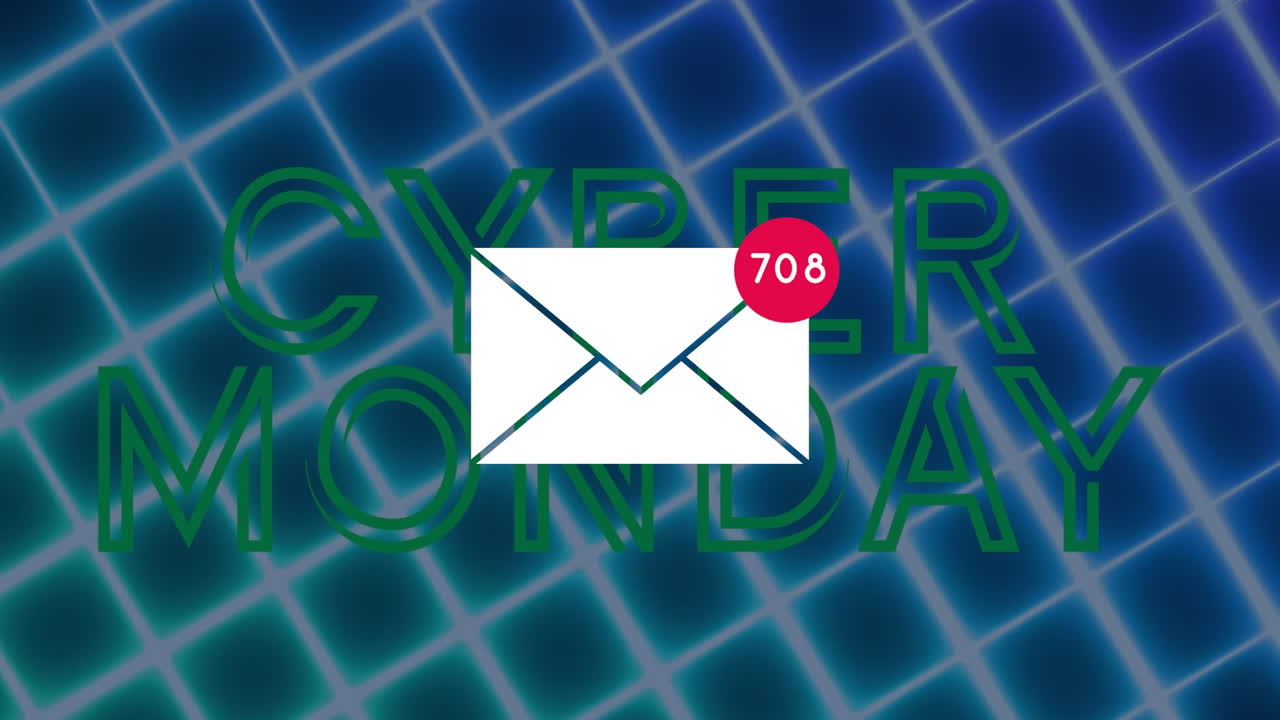 значок сообщения с увеличивающимся числом против текста киберпонедельника и световых следов зигзага