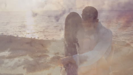 embracing couple with sunset over serene ocean, creating romantic animation backdrop