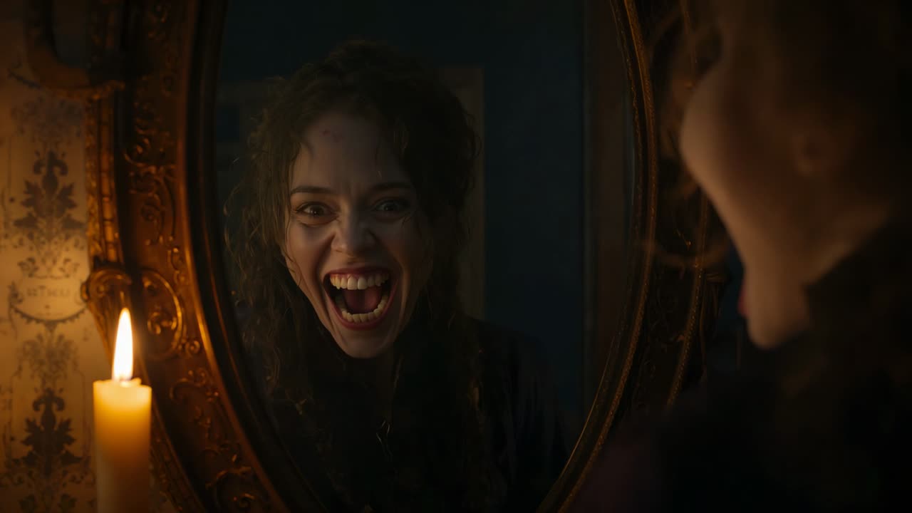 With beeswax candle flickering woman leaning toward mirror focusing and morphing into menacing grin