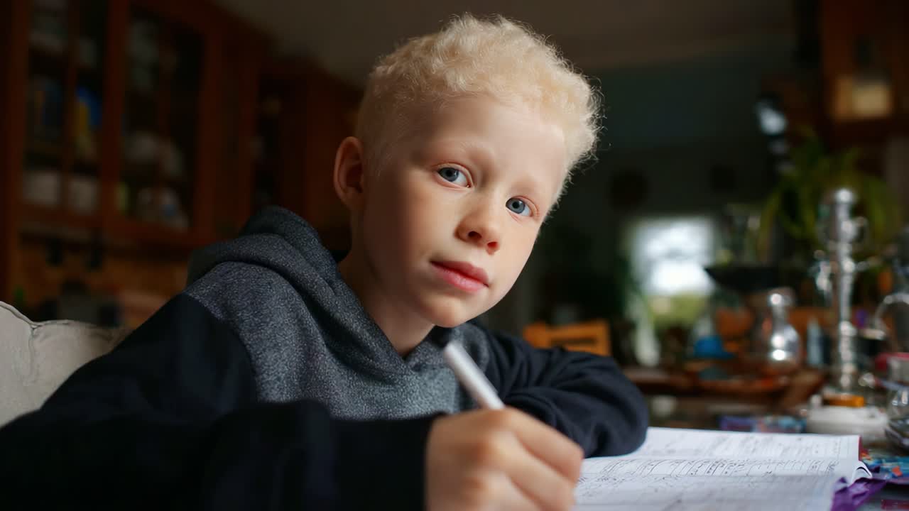 Giovane ragazzo concentrato che scrive su un quaderno: un momento coinvolgente di apprendimento e creatività in un ambiente domestico accogliente e caloroso con illuminazione naturale