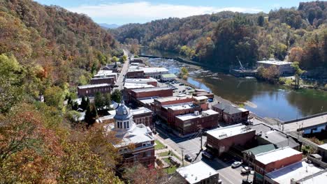 aerial-overlooking-Marshall-NC,-North-Carolina