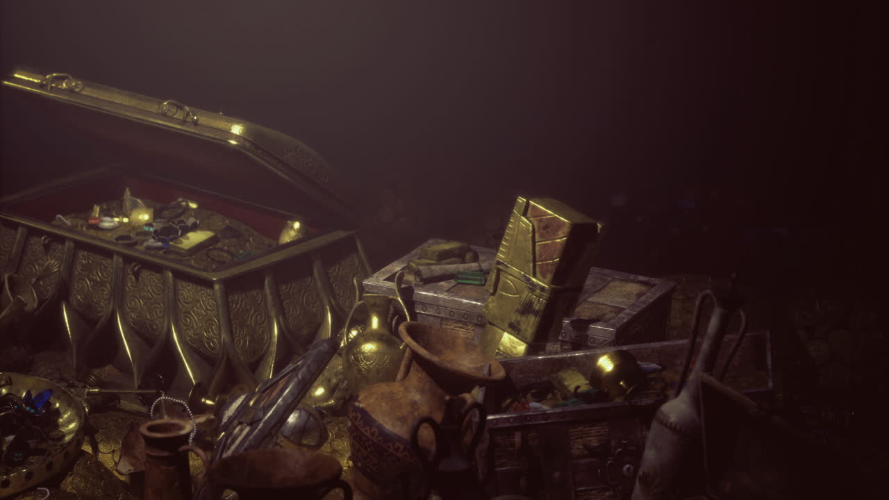 暗く照らされた場所で 遺物や金で満たされた宝庫