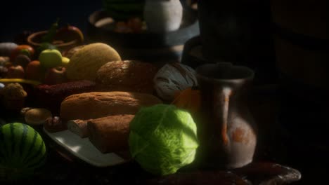 food table with wine barrels and some fruits, vegetables and bread