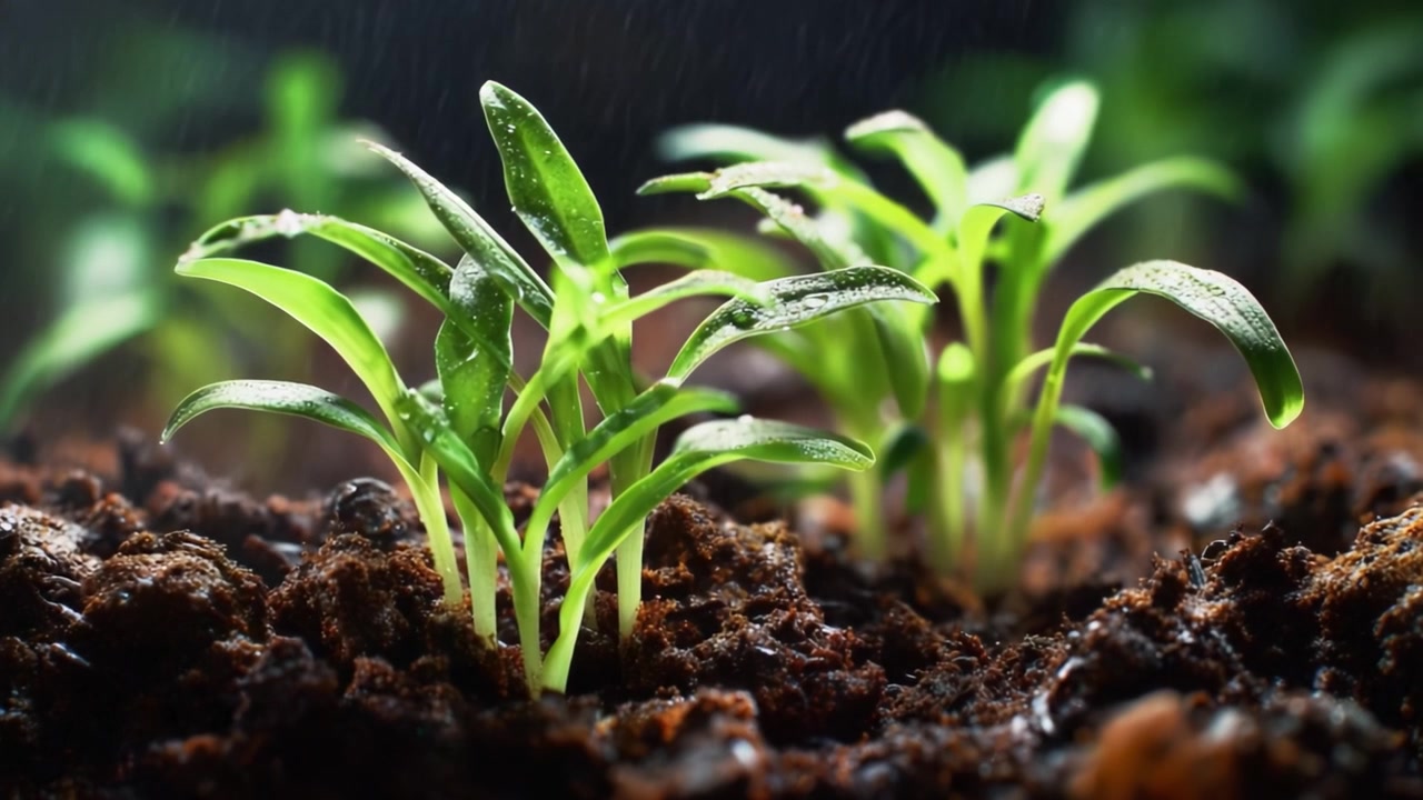 Plántulas verdes frescas prosperando en tierra oscura y fértil con gotas de agua, representando el crecimiento, la naturaleza y el ciclo de vida y nutrición en jardines botánicos