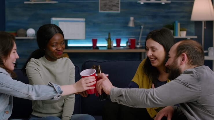 Mixed race friends talking while hanging out late at night in living room