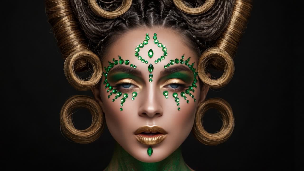 A Mesmerizing Portrait of a Model Showcasing Stunning Green Themed Makeup with Intricate Jewelry and Unique Hairstyling Against a Dark Background