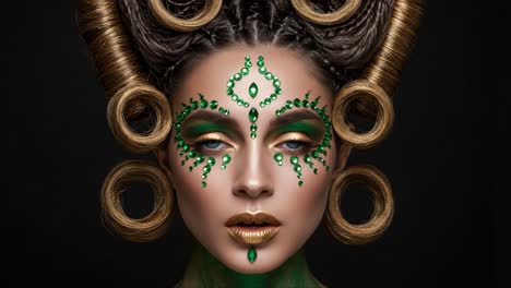 a mesmerizing portrait of a model showcasing stunning green themed makeup with intricate jewelry and unique hairstyling against a dark background
