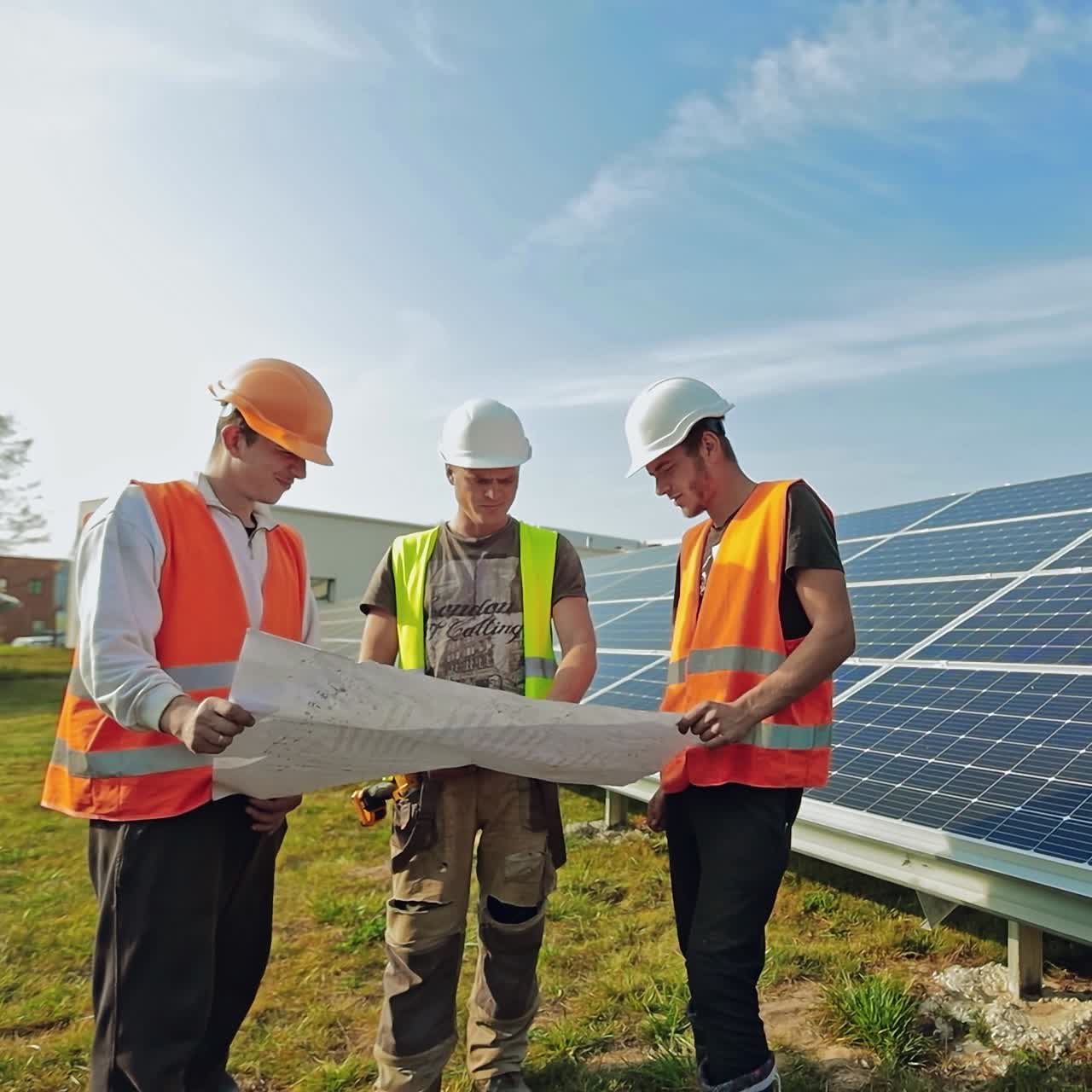 Group of engineers against solar panels