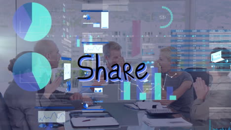 animation of shape text and financial data processing over business people