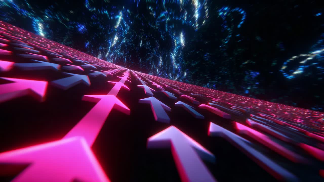 A Futuristic Visualization of Upward Progression: A Dynamic Sequence of Neon Arrows Surging Across a Cybernetic Landscape, Symbolizing Growth, Movement, and the Endless Quest for Advancement in a Digital Era