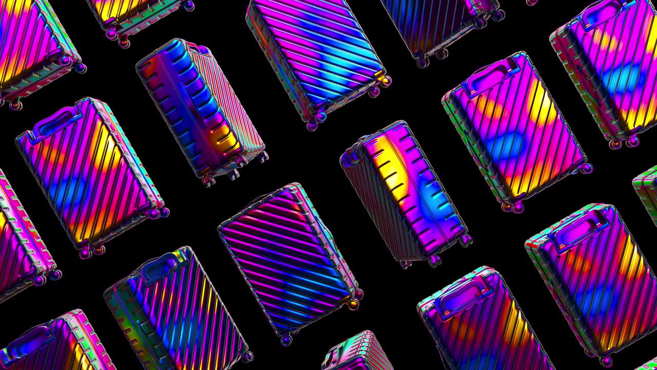 3D render of rotating suitcases with gradient color. Sylish ultraviolet holographic baggage. Liquid iridescent smooth loop motion.