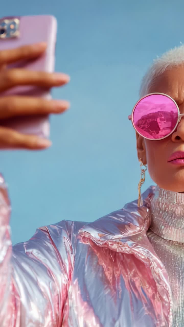 Stilig person som tar en selfie mot en lys himmel, viser frem rosa solbriller og en skinnende metallisk jakke i en moteriktig positur med en telefon